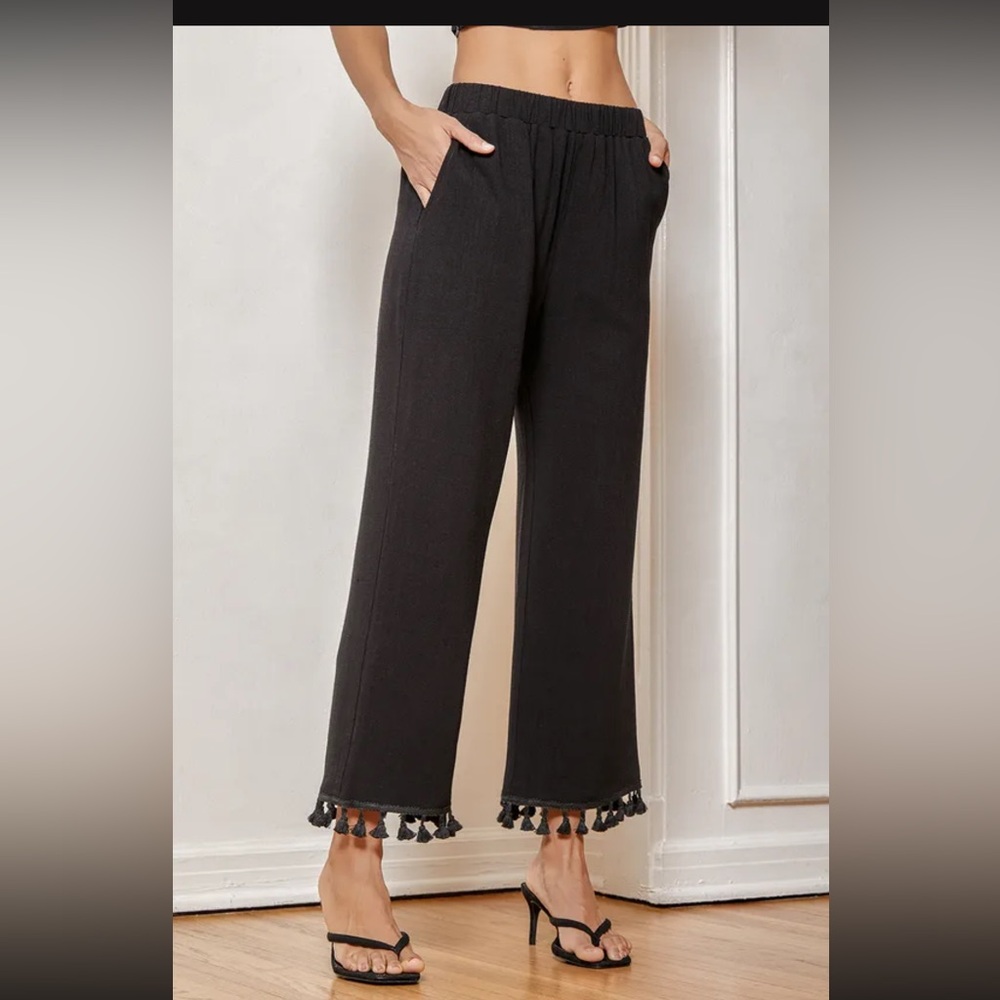 Linen Blend One Shoulder Tassel Crop Top & Wide-Leg Pants Set - Like New - Picture 7 of 17